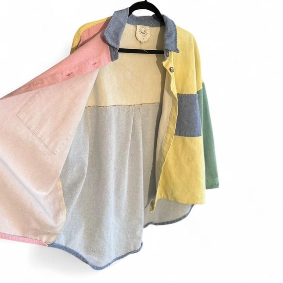 Fantastic Fawn Unique Colorblock Denim Shirt Oversized Pastel Patchwork sz M - Picture 5 of 8